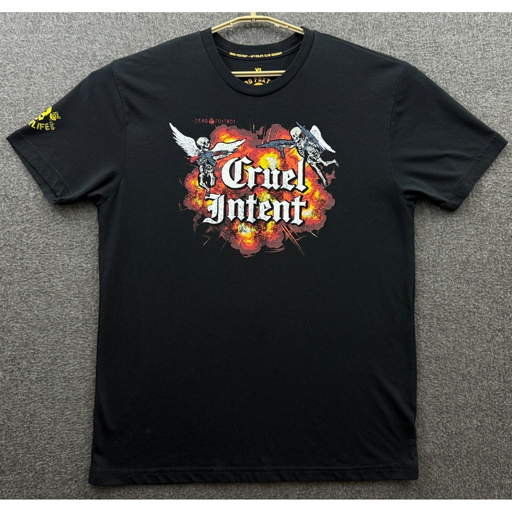 Zero Foxtrot Mens XL Black Cruel Intent Skeleton Angel Fire Stretch Tee Shirt